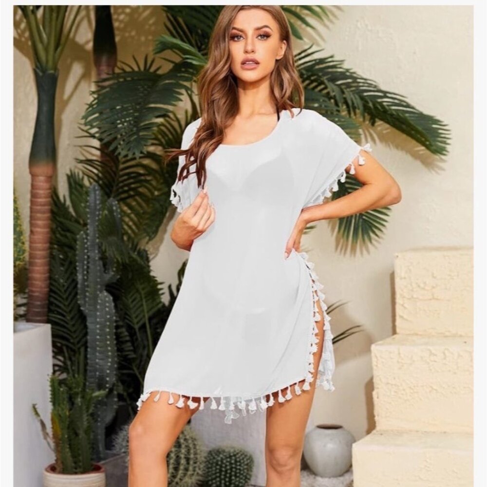 White Sheer Tassel Trim Cover-Up NWOT